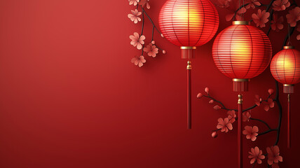 A vibrant Chinese New Year-themed design featuring traditional elements like red lanterns, gold coins, and blooming cherry blossoms, arranged artfully around a clean negative space ideal for text 