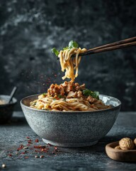 Suspended bowl of Dan Dan noodles showcases a vibrant mix of peanut sauce, minced pork, and a drizzle of chili oil