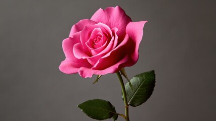 A playful rose in bold pink against a neutral gray background, simplistic design style, photo of