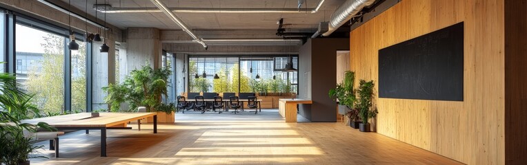Modern office interior with empty canvas on wooden wall