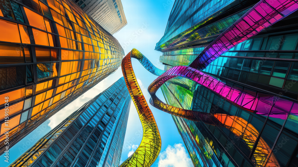 Poster vibrant cityscape featuring buildings with colorful, twisting structures resembling DNA strands. bright colors and unique architecture create dynamic urban atmosphere
