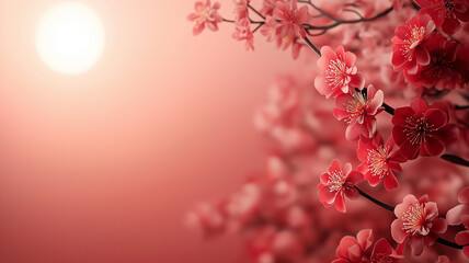 A vibrant Chinese New Year-themed design featuring traditional elements like red lanterns, gold coins, and blooming cherry blossoms, arranged artfully around a clean negative space ideal for text 