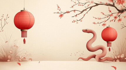 A vibrant Chinese New Year-themed design featuring traditional elements like red lanterns, gold coins, and blooming cherry blossoms, arranged artfully around a clean negative space ideal for text 