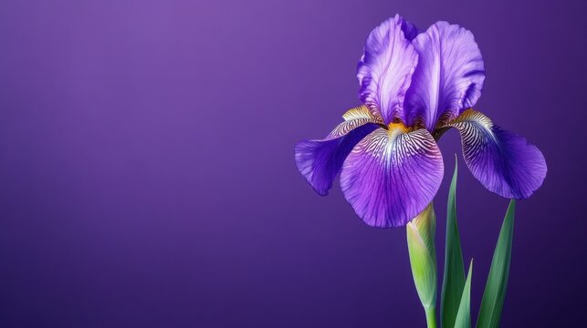A royal purple iris against a deep purple background, close-up shot, Minimalist style