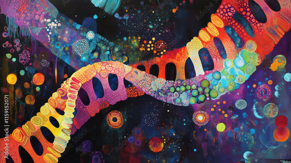 Poster vibrant fusion of dna strands and abstract art, showcasing colorful patterns and cosmic elements. th