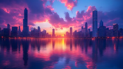 Fototapeta premium Vibrant cityscape glowing at sunset reflects vividly on calm water surface images