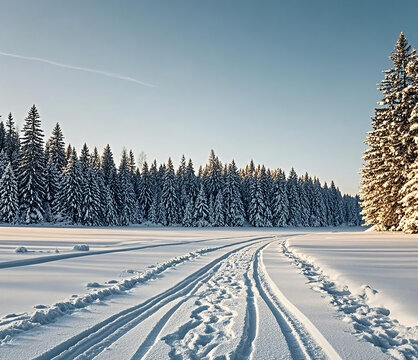 Winter panorama landscape with a snow-covered forest and trees at sunrise. A winter morning marking the beginning of a new day. Winter landscape with sunset, panoramic view