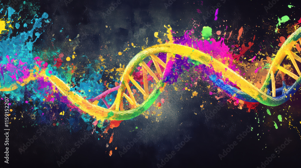 Poster vibrant fusion of dna strands and artistic paint splashes creates colorful and dynamic visual. this 