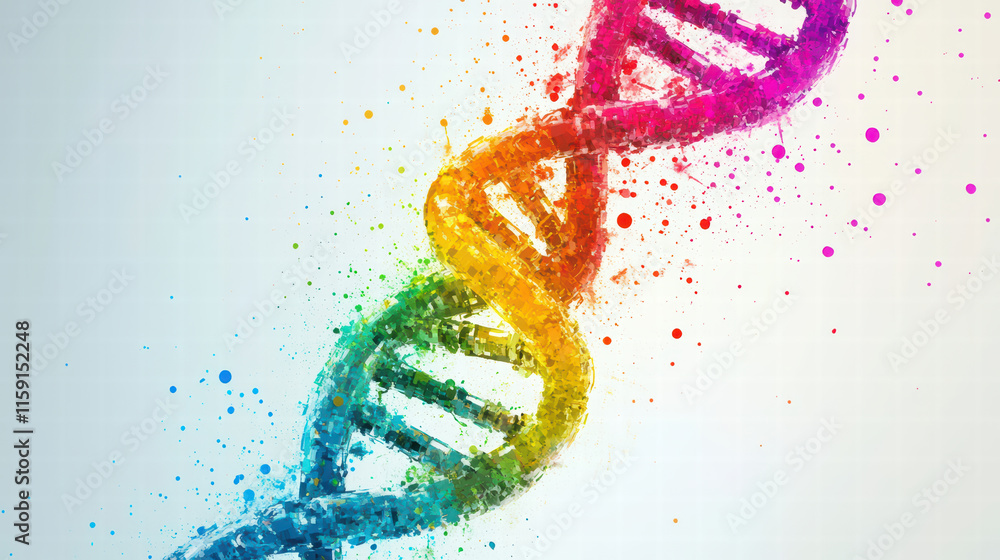 Poster vibrant fusion of dna strands with artistic paint splashes in rainbow colors creates dynamic visual 