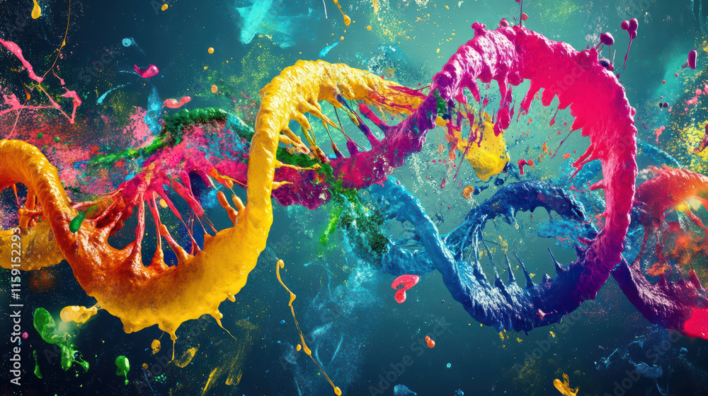 Poster vibrant fusion of colorful dna strands and artistic paint splashes creates dynamic visual experience