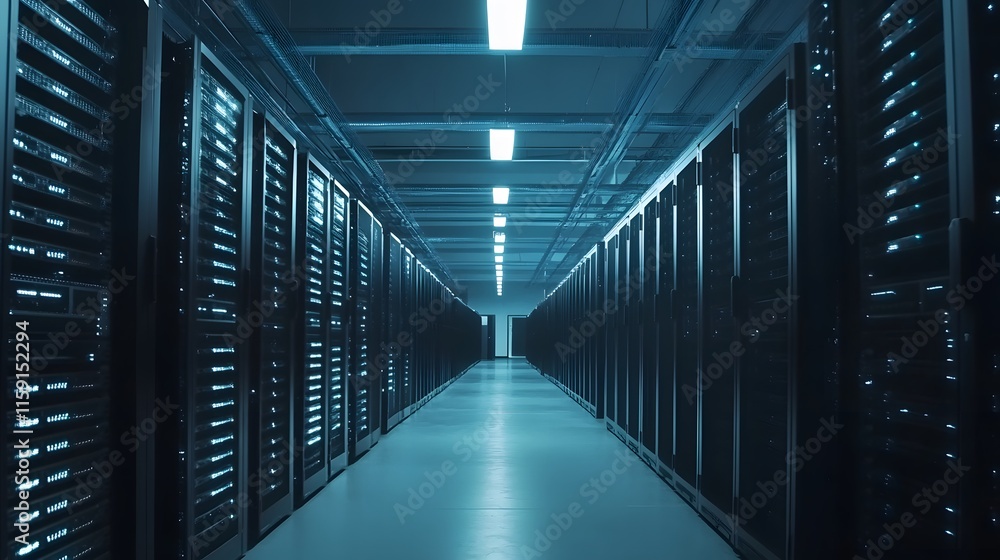 Poster illuminated server room aisle showing rows of servers