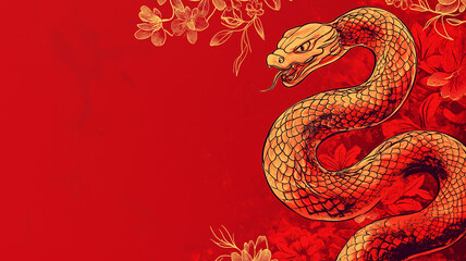 A vibrant Chinese New Year-themed design featuring traditional elements like red lanterns, gold coins, and blooming cherry blossoms, arranged artfully around a clean negative space ideal for text 