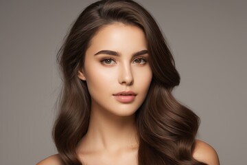 Fototapeta premium a close up of a woman with long brown hair and a brown dress