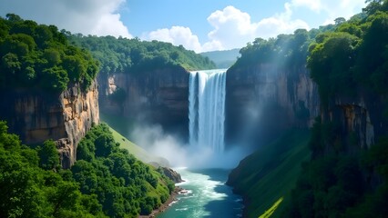 Fototapeta premium Majestic Waterfall Cascading Through Lush Green Cliffs Sunny Sky