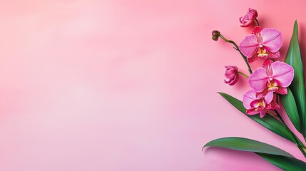 Naklejka premium Orchid floral abstract background idea. A beautiful pink orchid flower on a soft pink background exuding elegance and charm.