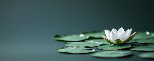 Lotus leaves abstract background idea. A serene white lotus flower on a tranquil green lily pad, symbolizing peace and beauty.
