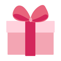 A pink box with a red ribbon on top. The ribbon is tied in a bow. The box is empty