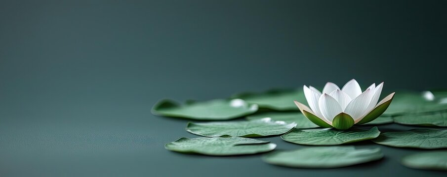 Lotus leaves abstract background idea. A serene white lotus flower on a tranquil green lily pad, symbolizing peace and beauty.