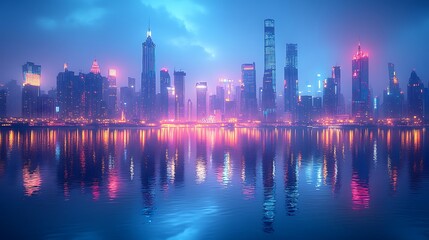 Fototapeta premium Vibrant sunset colors highlight cityscape reflection beautiful on calm water image