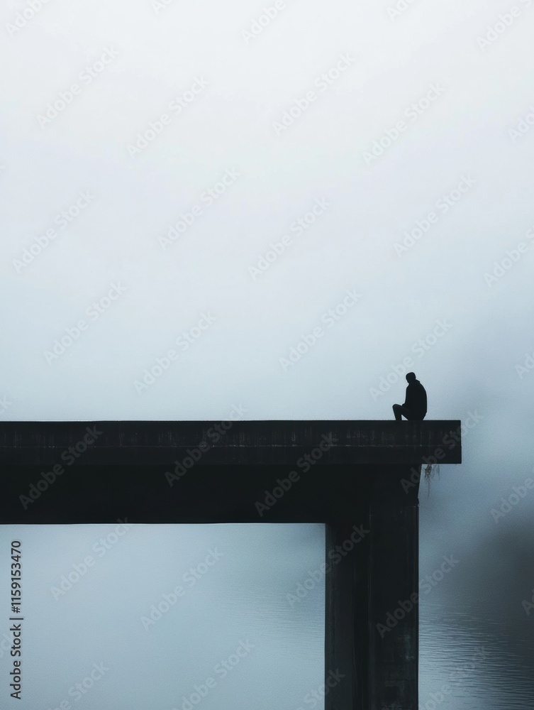 Poster lone figure reflects on foggy bridge, exploring the depths of solitude and contemplation. generative