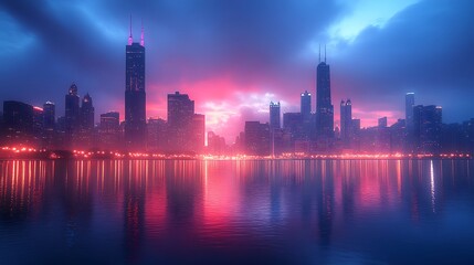 Obraz premium Vibrant sunset colors illuminate the cityscape reflected on calm water surface wallpaper image