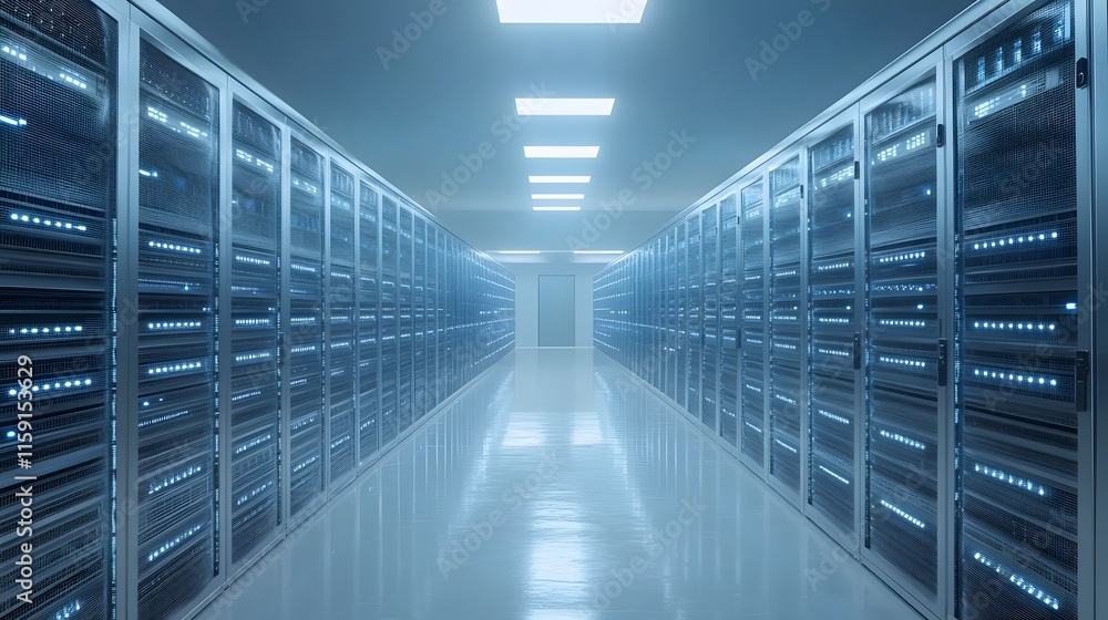 Poster modern server room interior with rows of data servers