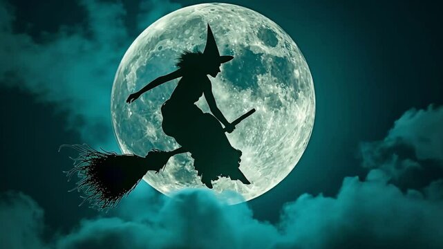 A silhouette of a witch flying on a broomstick against the full moon in a cloudy night sky. Concept of Halloween traditions and mystical folklore.