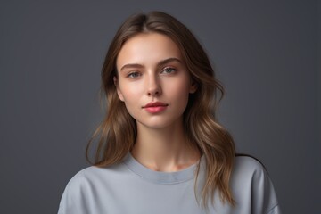 Fototapeta premium arafed woman with long hair and a blue shirt looking at the camera
