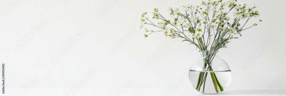 Poster Wildflowers arranged in a clear glass vase against a minimalist background for mock up use. Generative AI