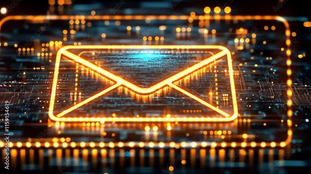 Poster a luminous envelope icon glowing over a high-tech circuit, representing modern messaging systems. co