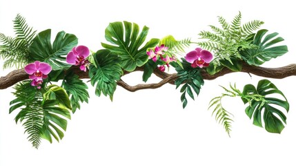 Tropical branch with orchids and foliage.