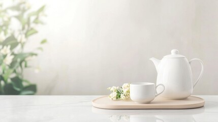Elegant white tea set on a minimalist countertop with flowers