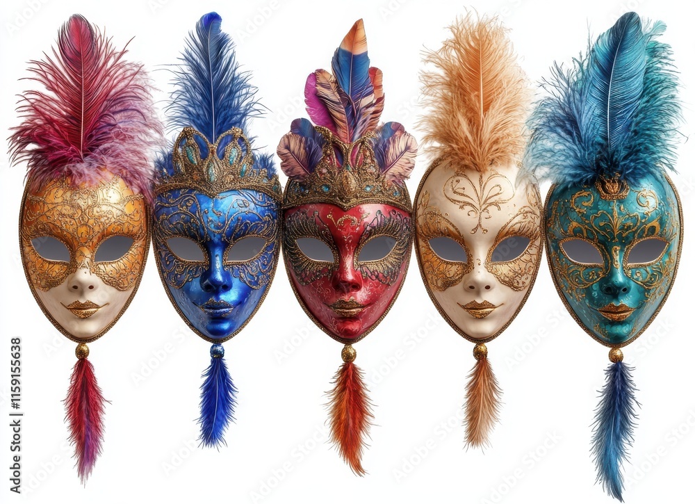 Poster vibrant colorful decorative masks displayed in a row with feathers and intricate patterns, perfect f