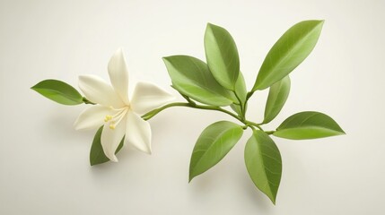 Naklejka premium Single white flower with green leaves on branch.