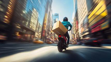 Delivery driver on electric scooter carrying package through busy urban street, navigating traffic and cityscape, focused on efficient and timely package delivery, modern urban logistics and transport