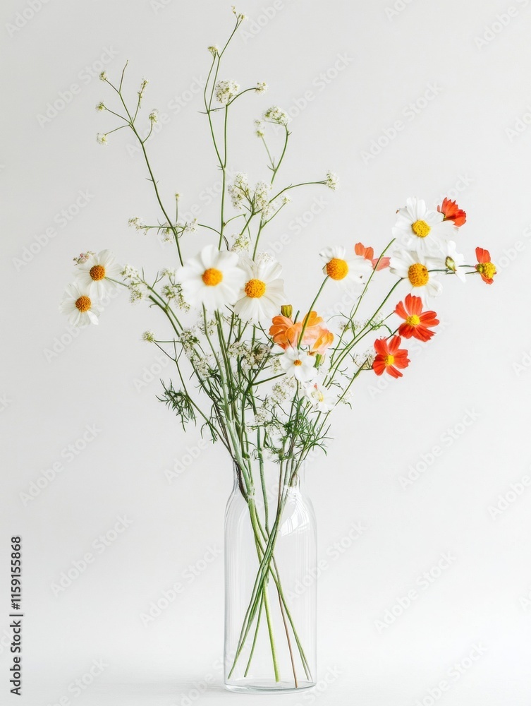 Poster minimalist still life composition of wildflowers in a glass vase with ample copy space for text. gen