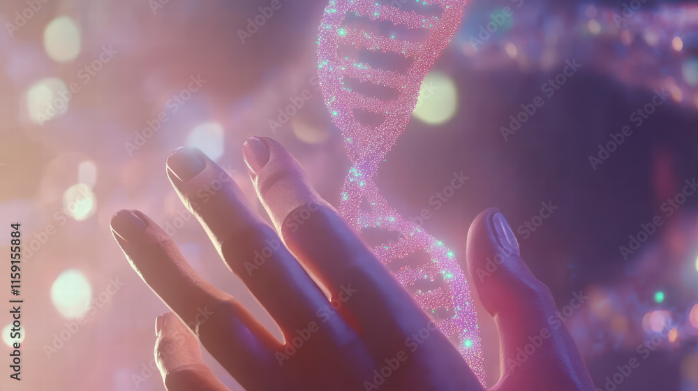 Poster abstract representation of glowing dna strand held by hand, symbolizing life and science. vibrant co