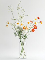 Minimalist still life composition of wildflowers in a glass vase with ample copy space for text. Generative AI