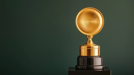 Grammy award concept, A gleaming golden trophy stands atop a black pedestal against a dark green background, symbolizing achievement and excellence in the music industry.