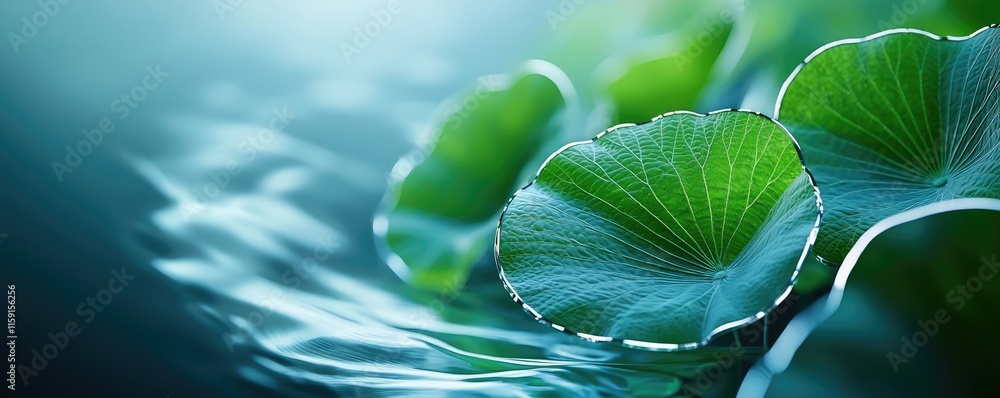 Poster lotus leaves abstract background idea. delicate green lily pads float on calm water, creating a sere