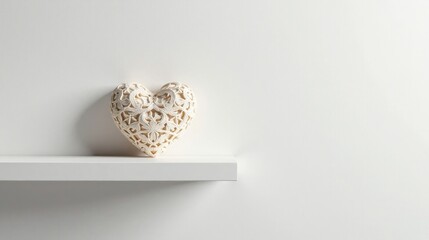 A delicate, off-white heart-shaped ornament with intricate lace-like detailing rests on a minimalist, floating shelf against a stark white wall.
