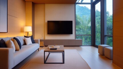 Fototapeta premium Modern Living Room Design with Natural Light and Scenic View