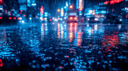 Rain falling on city street at night reflecting neon lights