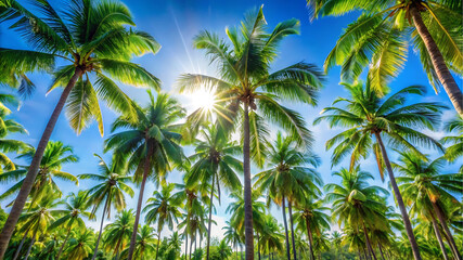 Tropical palm trees swaying under a clear blue sky, capturing serene vacation vibes