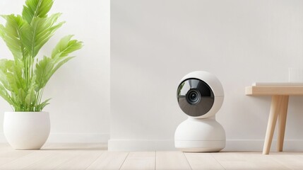 Modern Smart Home Security Camera with Plant and White Interior