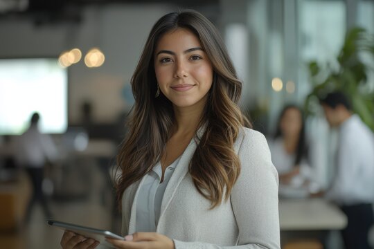 Smiling Hispanic businesswoman using tablet in open-plan office with colleagues. Perfect for teamwork, leadership, workplace diversity, and technology themes - Powered by Adobe