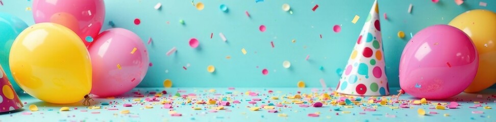Colorful confetti, balloons, and party hats on a bright surface , sparkler, balloons