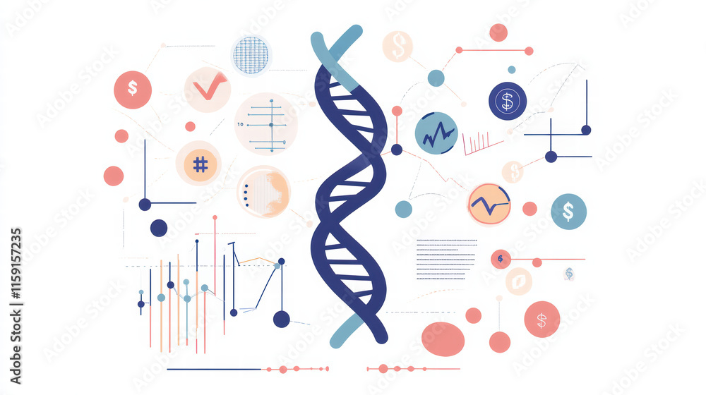 Poster abstract representation of dna helix intertwined with financial symbols, graphs, and data visualizat