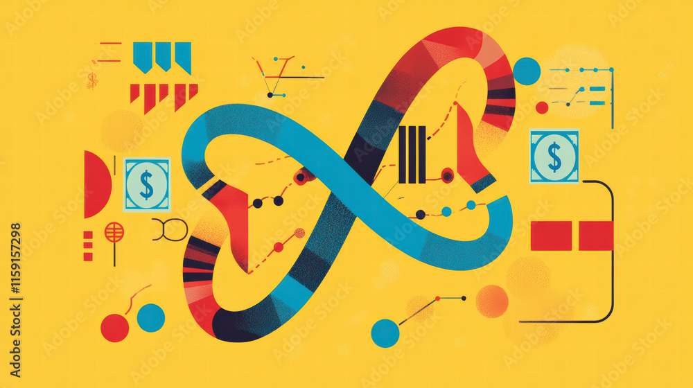 Poster abstract representation of financial data and analytics, featuring colorful shapes and symbols. desi
