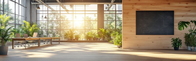 Modern office interior with empty canvas on wooden wall